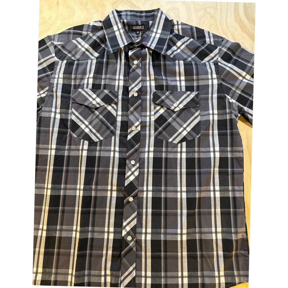 NWT Gioberti Mens Short Sleeve Western Pearl Snap Rockabilly Shirt Black Grey M
